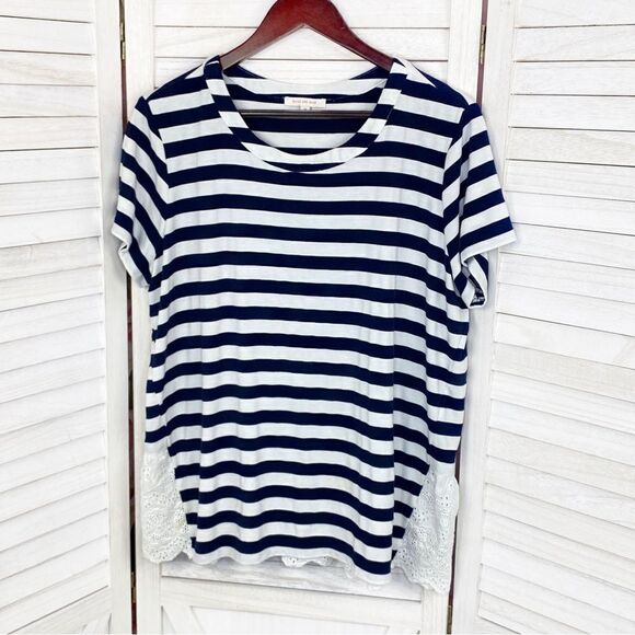 Skies Are Blue Michelle Striped Eyelet Hem Shirt Top Blue White XL - Picture 7 of 12